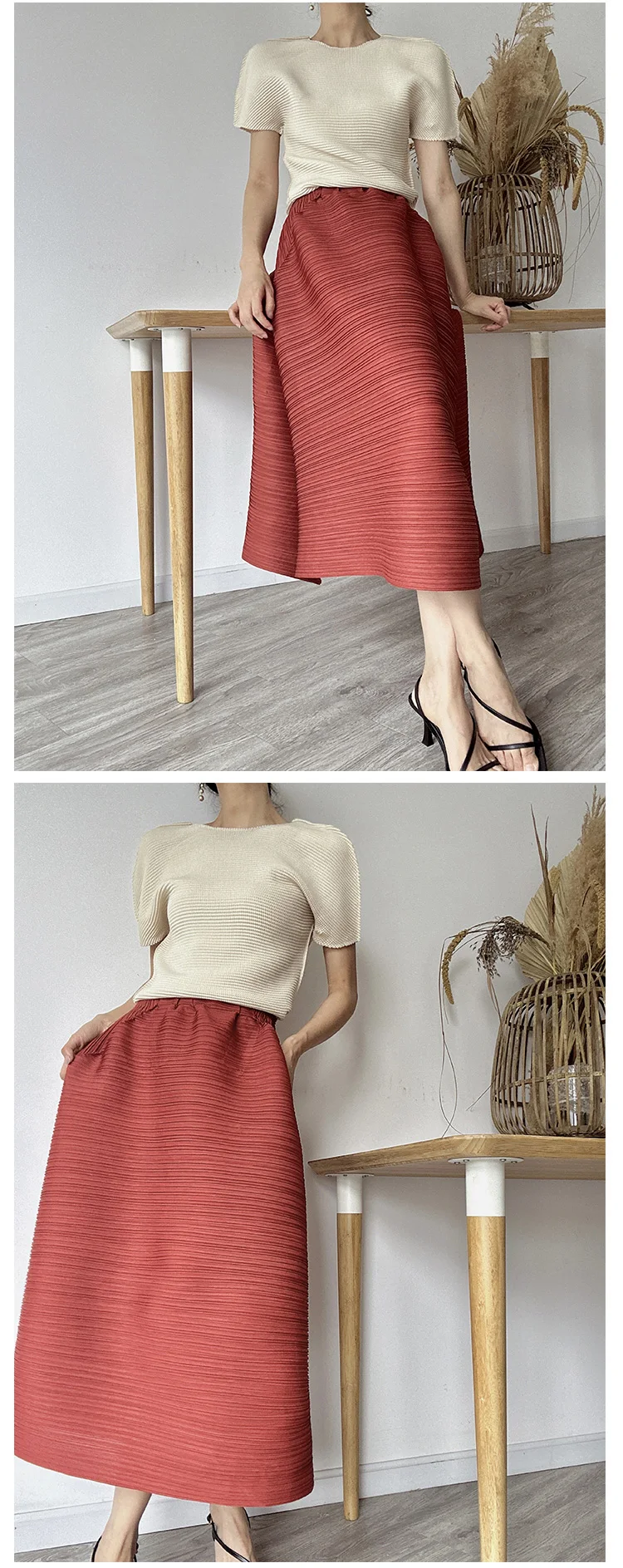 Miyake Pleated Horizontal Simple Elegant Loose Skirt Women New Korean Fashion High Waisted Plus Size Skirts