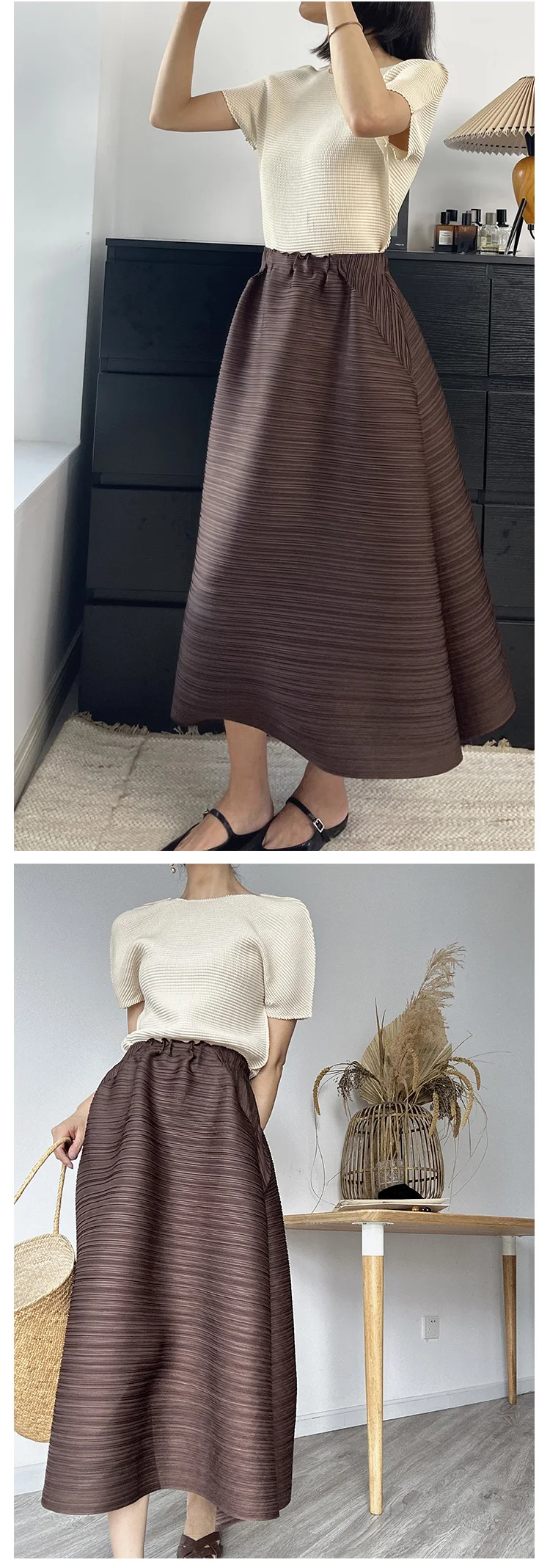 Miyake Pleated Horizontal Simple Elegant Loose Skirt Women New Korean Fashion High Waisted Plus Size Skirts