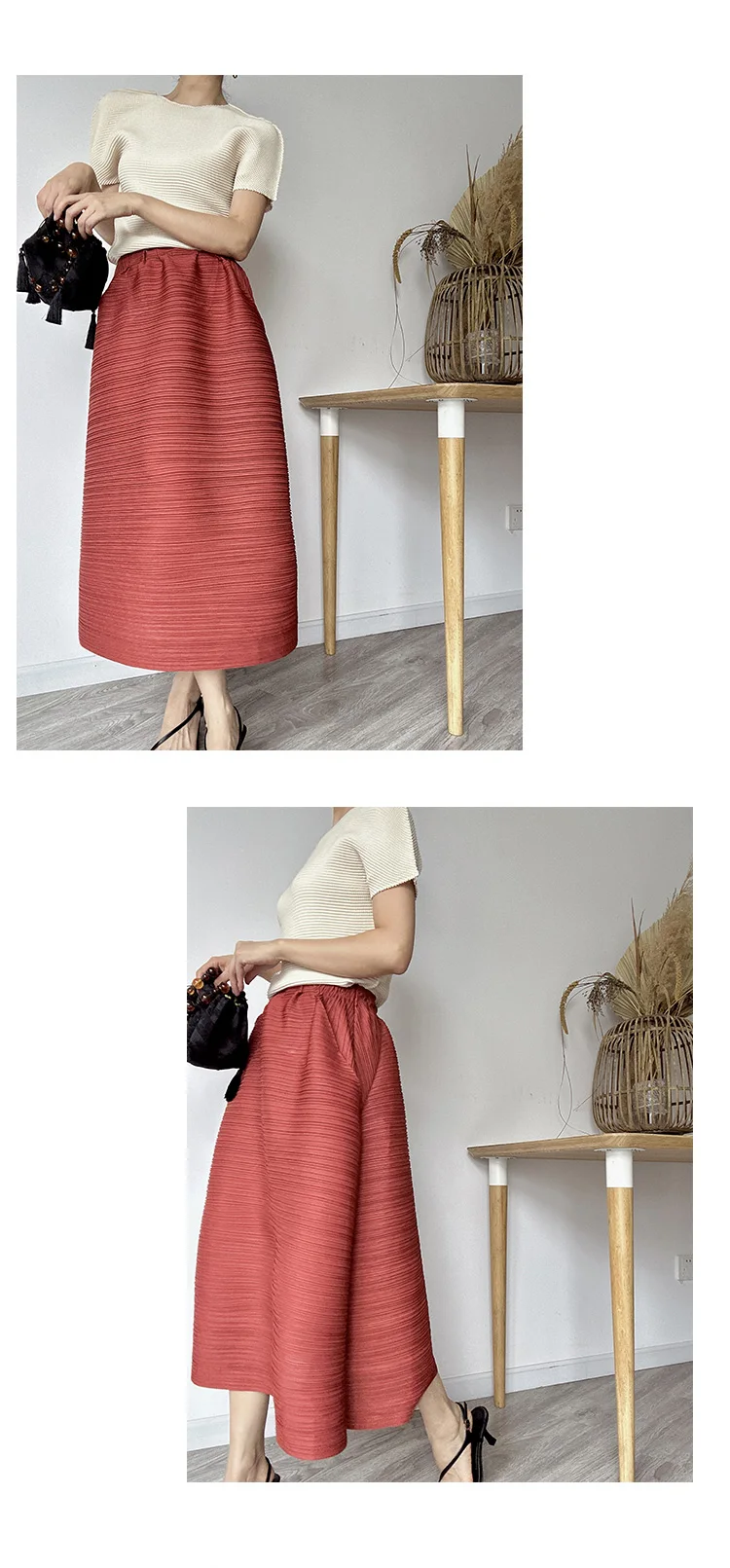 Miyake Pleated Horizontal Simple Elegant Loose Skirt Women New Korean Fashion High Waisted Plus Size Skirts