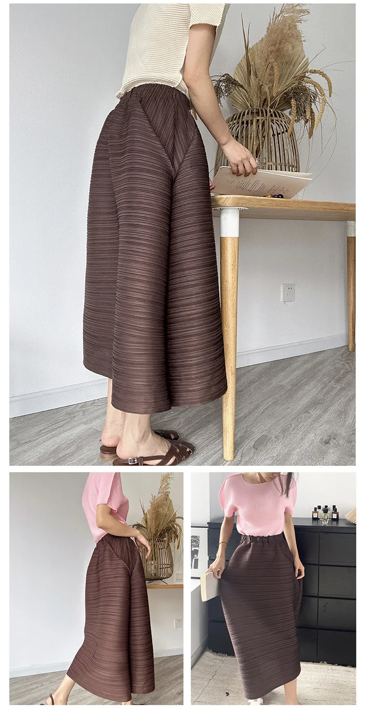 Miyake Pleated Horizontal Simple Elegant Loose Skirt Women New Korean Fashion High Waisted Plus Size Skirts