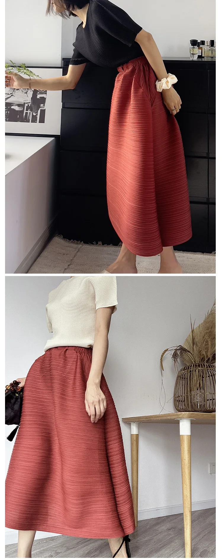 Miyake Pleated Horizontal Simple Elegant Loose Skirt Women New Korean Fashion High Waisted Plus Size Skirts