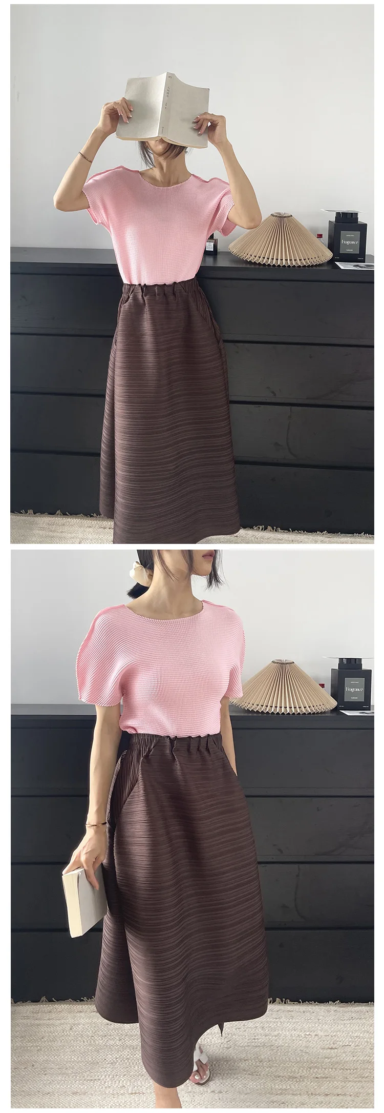 Miyake Pleated Horizontal Simple Elegant Loose Skirt Women New Korean Fashion High Waisted Plus Size Skirts