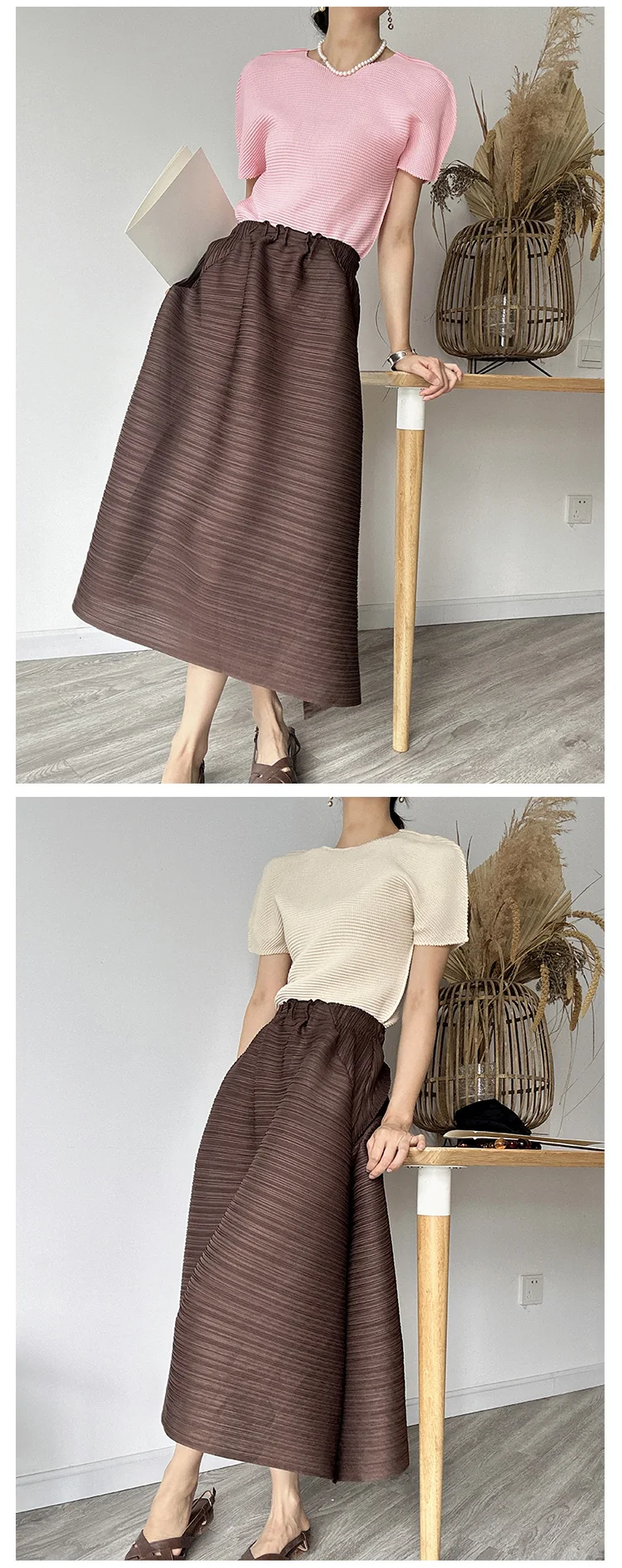 Miyake Pleated Horizontal Simple Elegant Loose Skirt Women New Korean Fashion High Waisted Plus Size Skirts