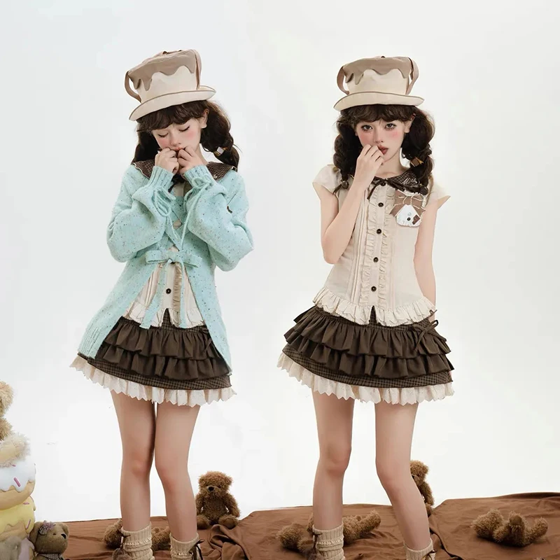 Japanese Sweet Lolita Mini Skirts Women Y2K Kawaii Lace Patchwork Bow Cake Skirt Femme High Waist Preppy All Match A Line Skirts