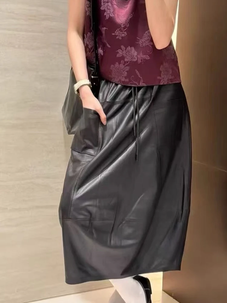 High Fashion Leather Bud Skirt for Women Spring Female 100% Leather Drawstring Waist Pocket Long Tulip Skirt Harajuku Jupe Femme