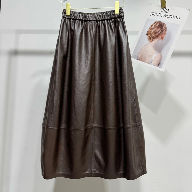 High Fashion Leather Bud Skirt for Women Spring Female 100% Leather Drawstring Waist Pocket Long Tulip Skirt Harajuku Jupe Femme
