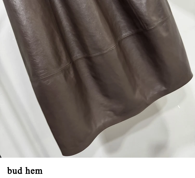 High Fashion Leather Bud Skirt for Women Spring Female 100% Leather Drawstring Waist Pocket Long Tulip Skirt Harajuku Jupe Femme