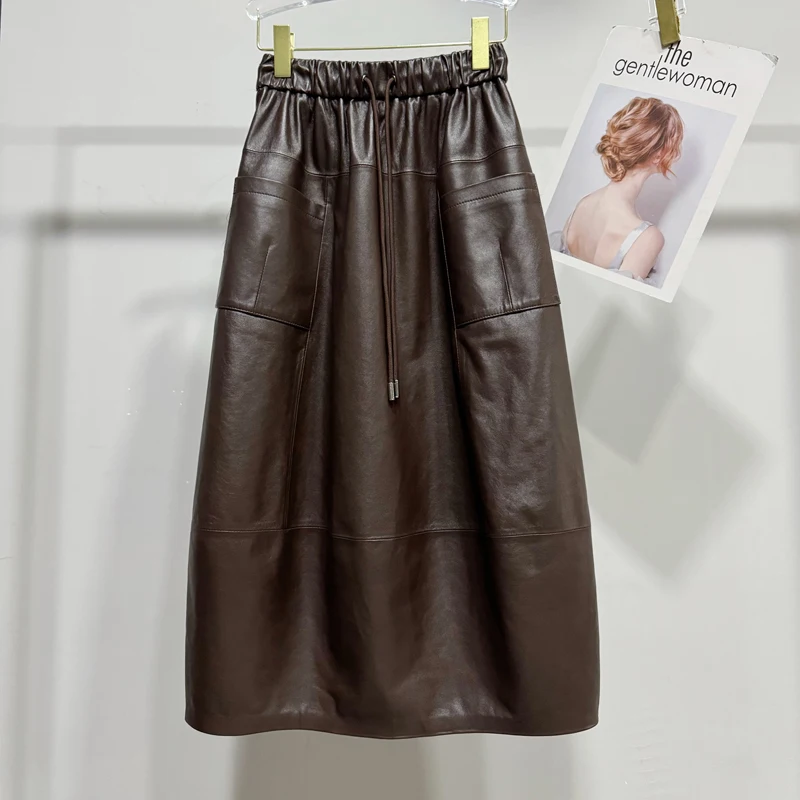 High Fashion Leather Bud Skirt for Women Spring Female 100% Leather Drawstring Waist Pocket Long Tulip Skirt Harajuku Jupe Femme