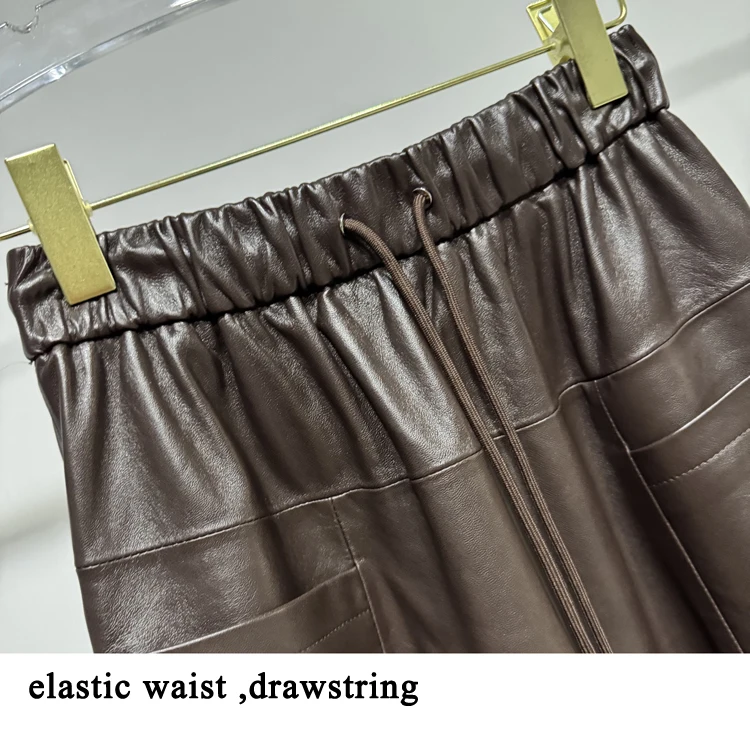 High Fashion Leather Bud Skirt for Women Spring Female 100% Leather Drawstring Waist Pocket Long Tulip Skirt Harajuku Jupe Femme