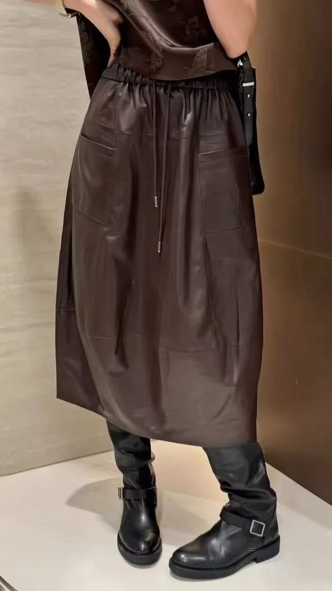 High Fashion Leather Bud Skirt for Women Spring Female 100% Leather Drawstring Waist Pocket Long Tulip Skirt Harajuku Jupe Femme
