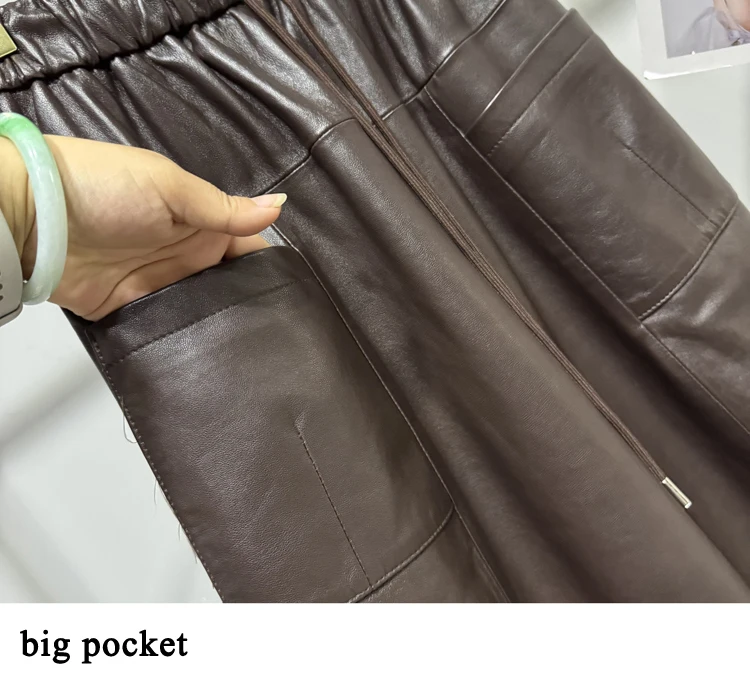 High Fashion Leather Bud Skirt for Women Spring Female 100% Leather Drawstring Waist Pocket Long Tulip Skirt Harajuku Jupe Femme