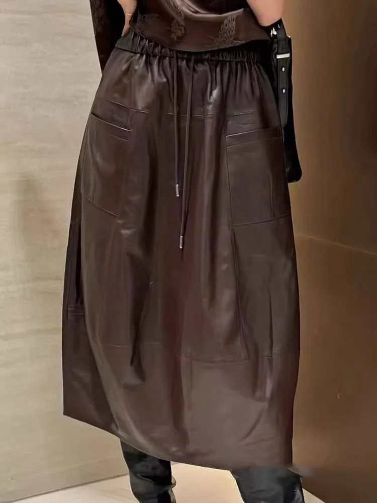 High Fashion Leather Bud Skirt for Women Spring Female 100% Leather Drawstring Waist Pocket Long Tulip Skirt Harajuku Jupe Femme