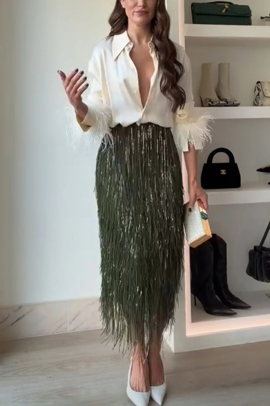 Sequined Tassel Skirt 2026 New Women Fashion Outfit High Waist Slim Fit Long Party Skirt Lady Commuting Club Banquet Clothing