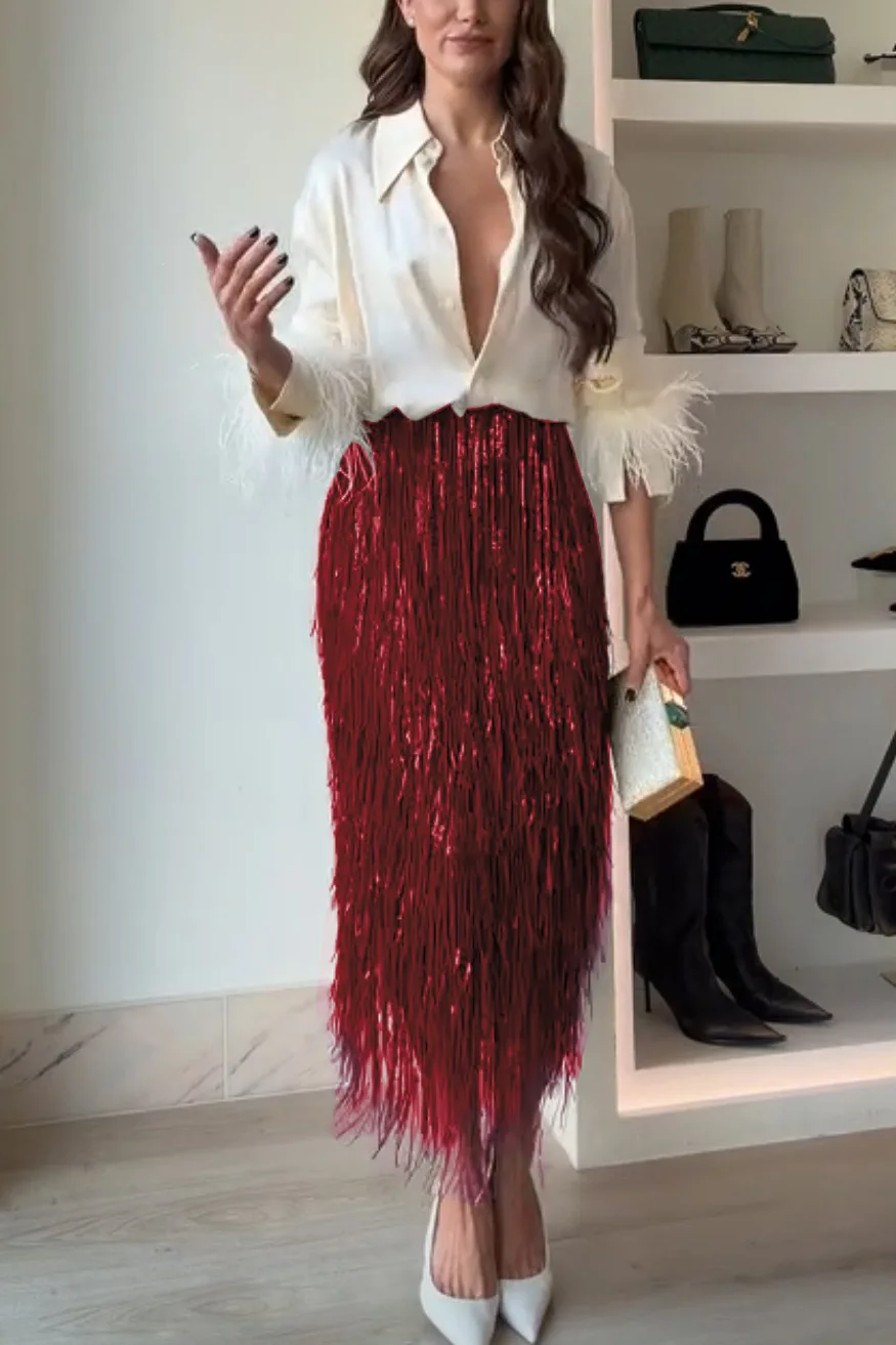 Sequined Tassel Skirt 2026 New Women Fashion Outfit High Waist Slim Fit Long Party Skirt Lady Commuting Club Banquet Clothing