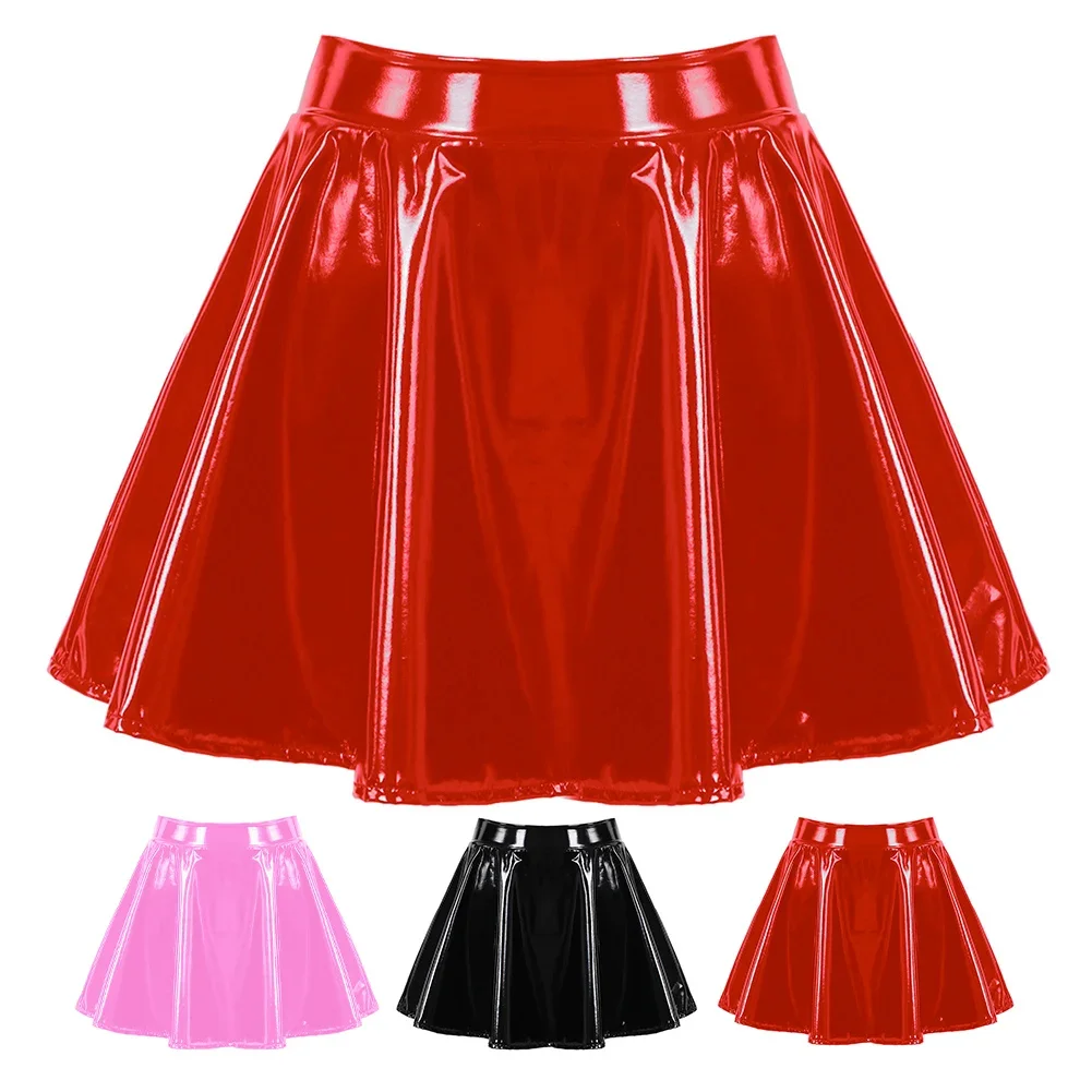 Women's A Line Skirt Glossy Patent Leather Flared Miniskirt Dance Performance Skirt Clubwear Cosplay Retro Style
