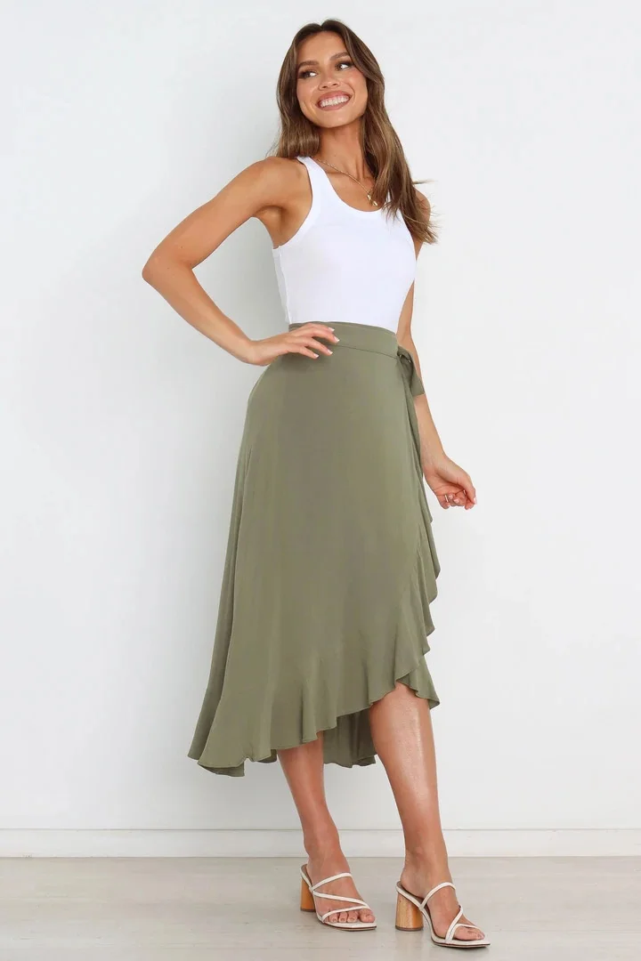 Summer Long Skirts For Women 2026 Fashion Lace Up Irregular Solid Color High Waist Bodycon Black Skirt Female Pink Chiffon Skirt
