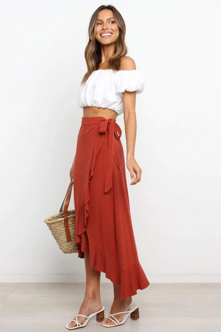 Summer Long Skirts For Women 2026 Fashion Lace Up Irregular Solid Color High Waist Bodycon Black Skirt Female Pink Chiffon Skirt