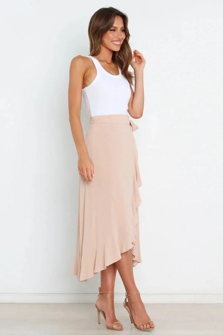 Summer Long Skirts For Women 2026 Fashion Lace Up Irregular Solid Color High Waist Bodycon Black Skirt Female Pink Chiffon Skirt