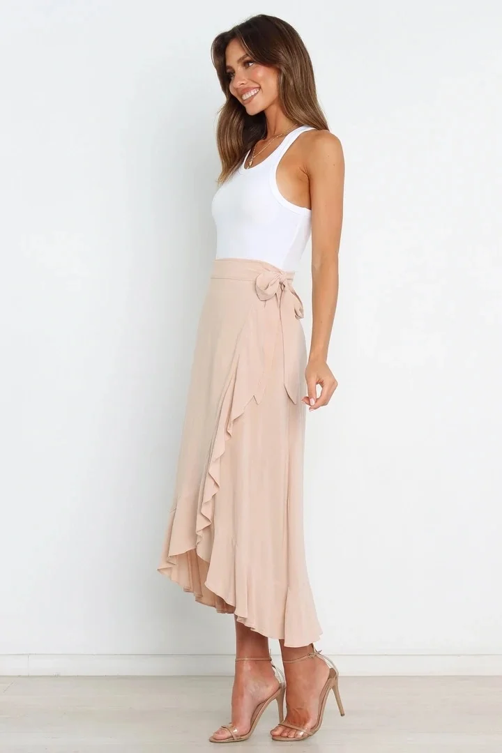 Summer Long Skirts For Women 2026 Fashion Lace Up Irregular Solid Color High Waist Bodycon Black Skirt Female Pink Chiffon Skirt
