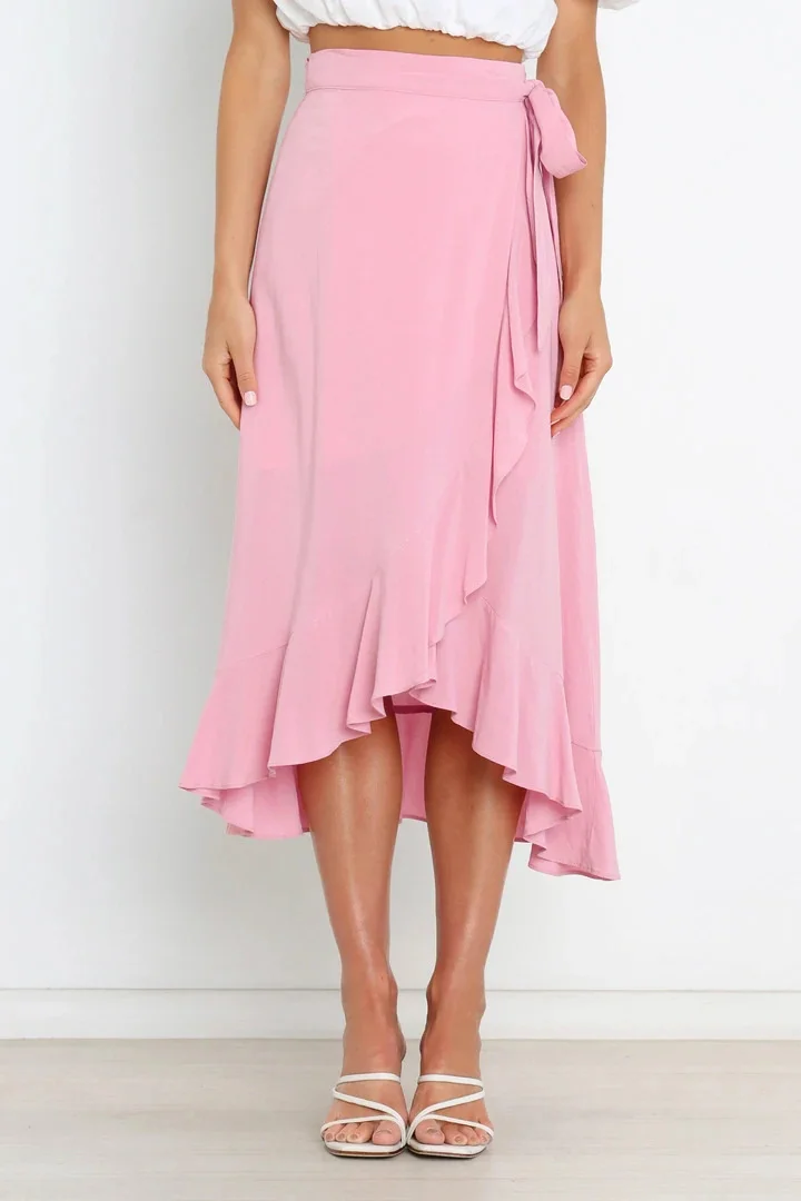 Summer Long Skirts For Women 2026 Fashion Lace Up Irregular Solid Color High Waist Bodycon Black Skirt Female Pink Chiffon Skirt