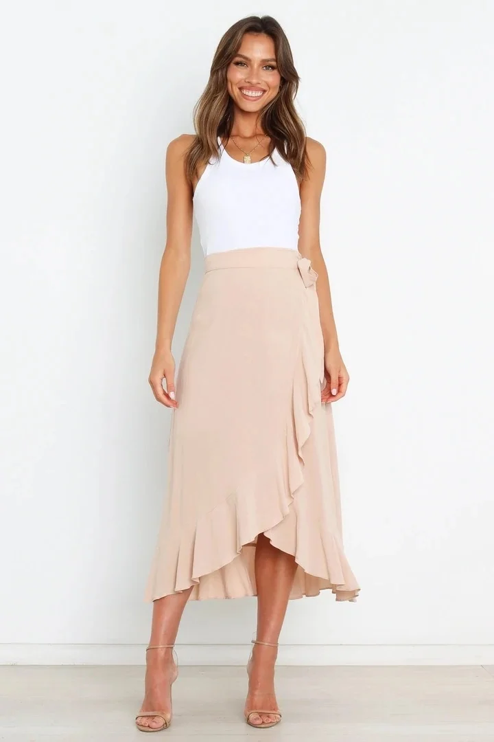 Summer Long Skirts For Women 2026 Fashion Lace Up Irregular Solid Color High Waist Bodycon Black Skirt Female Pink Chiffon Skirt