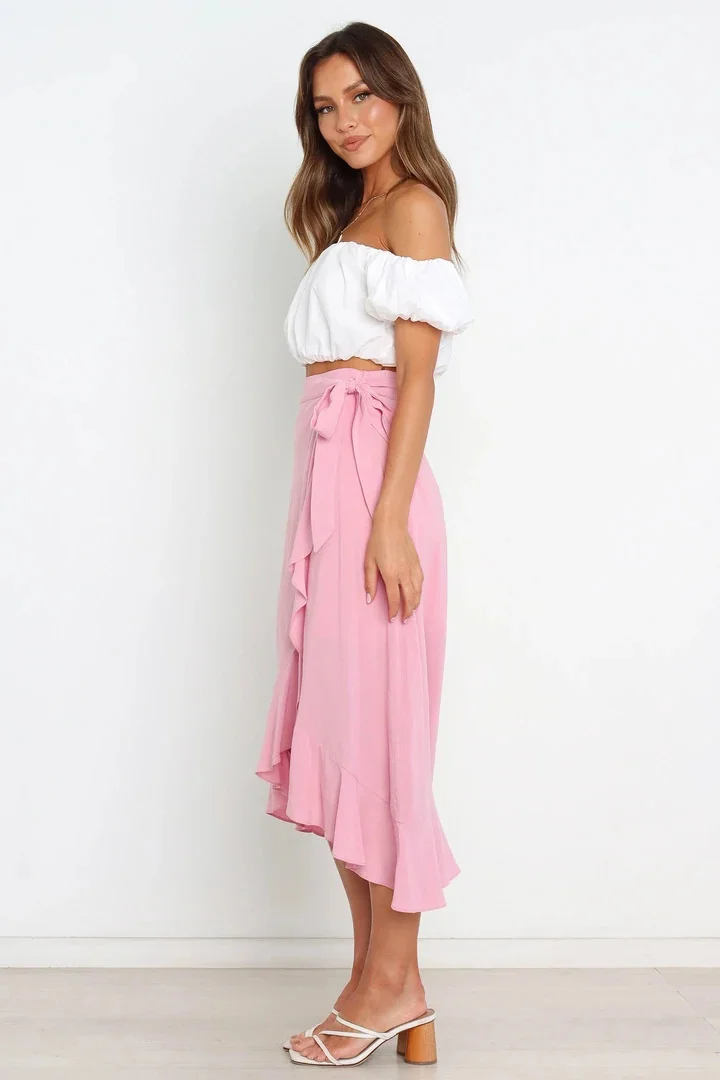 Summer Long Skirts For Women 2026 Fashion Lace Up Irregular Solid Color High Waist Bodycon Black Skirt Female Pink Chiffon Skirt