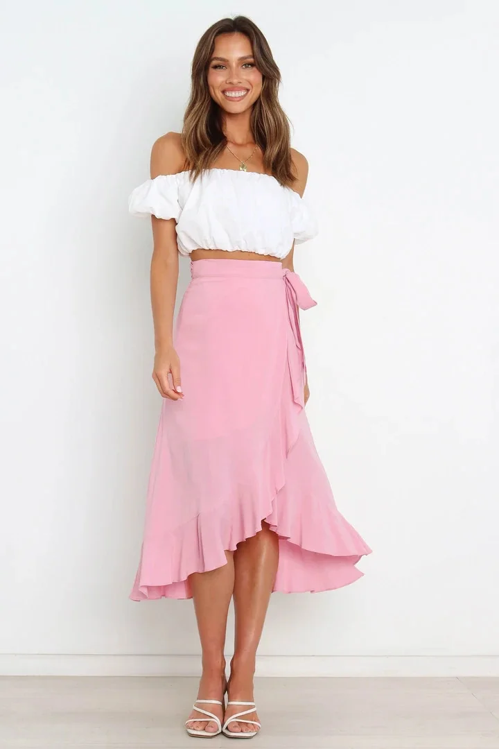 Summer Long Skirts For Women 2026 Fashion Lace Up Irregular Solid Color High Waist Bodycon Black Skirt Female Pink Chiffon Skirt