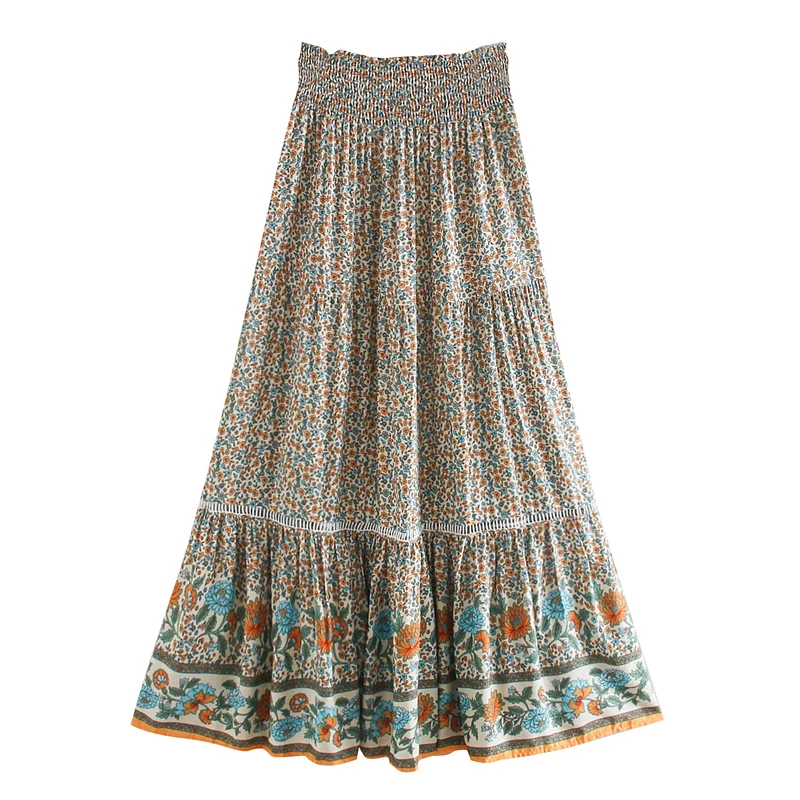 Happie Queens Women Red Floral Print Beach Bohemian Skirt High Elastic Waist Rayon Cotton Boho Maxi Skirts Femme