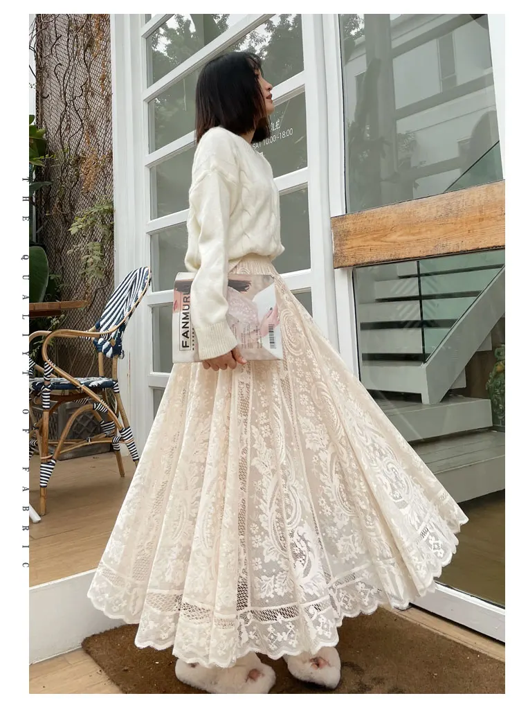 2026 New Spring Summer Women Long Skirt Fairy Palace Style Custom Lace Oversize Pendulum Mid-length Female Skirts