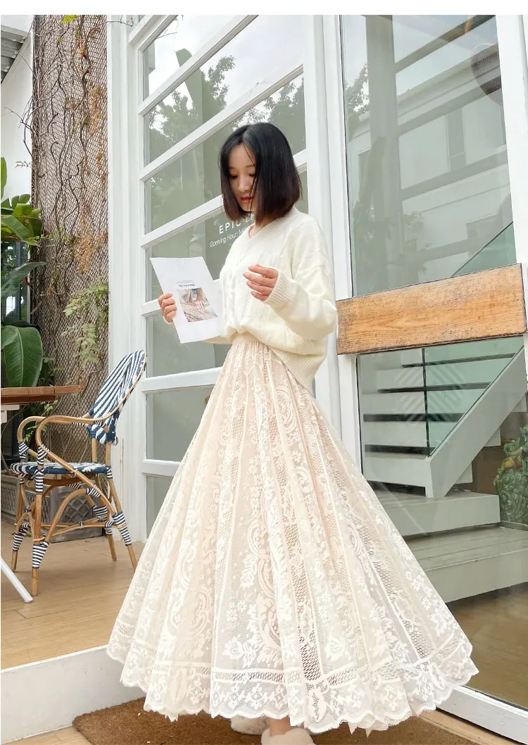 2026 New Spring Summer Women Long Skirt Fairy Palace Style Custom Lace Oversize Pendulum Mid-length Female Skirts