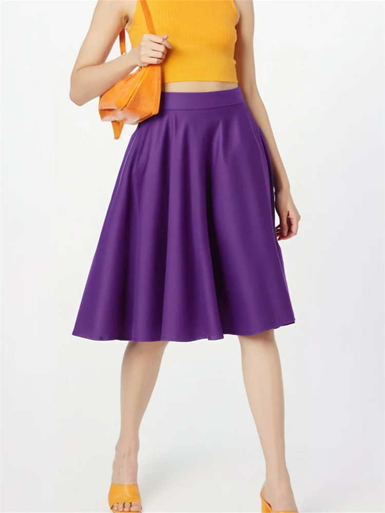 Purple Office OL Casual Women Summer Midi Long Skirt Solid Elegant Faldas Pinup High Waist A Line 50s Swing Skirts Streetwear