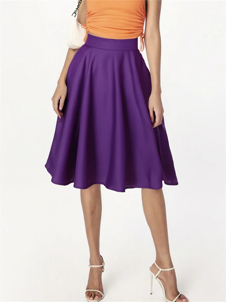 Purple Office OL Casual Women Summer Midi Long Skirt Solid Elegant Faldas Pinup High Waist A Line 50s Swing Skirts Streetwear