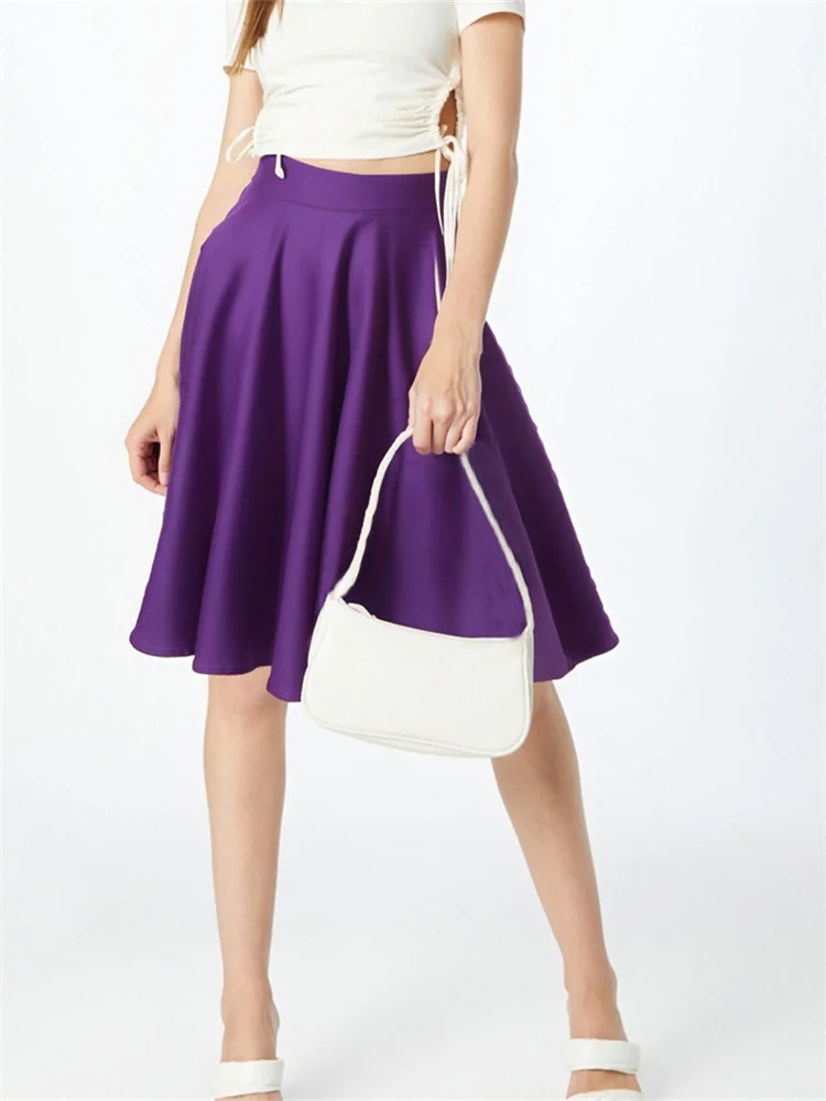 Purple Office OL Casual Women Summer Midi Long Skirt Solid Elegant Faldas Pinup High Waist A Line 50s Swing Skirts Streetwear