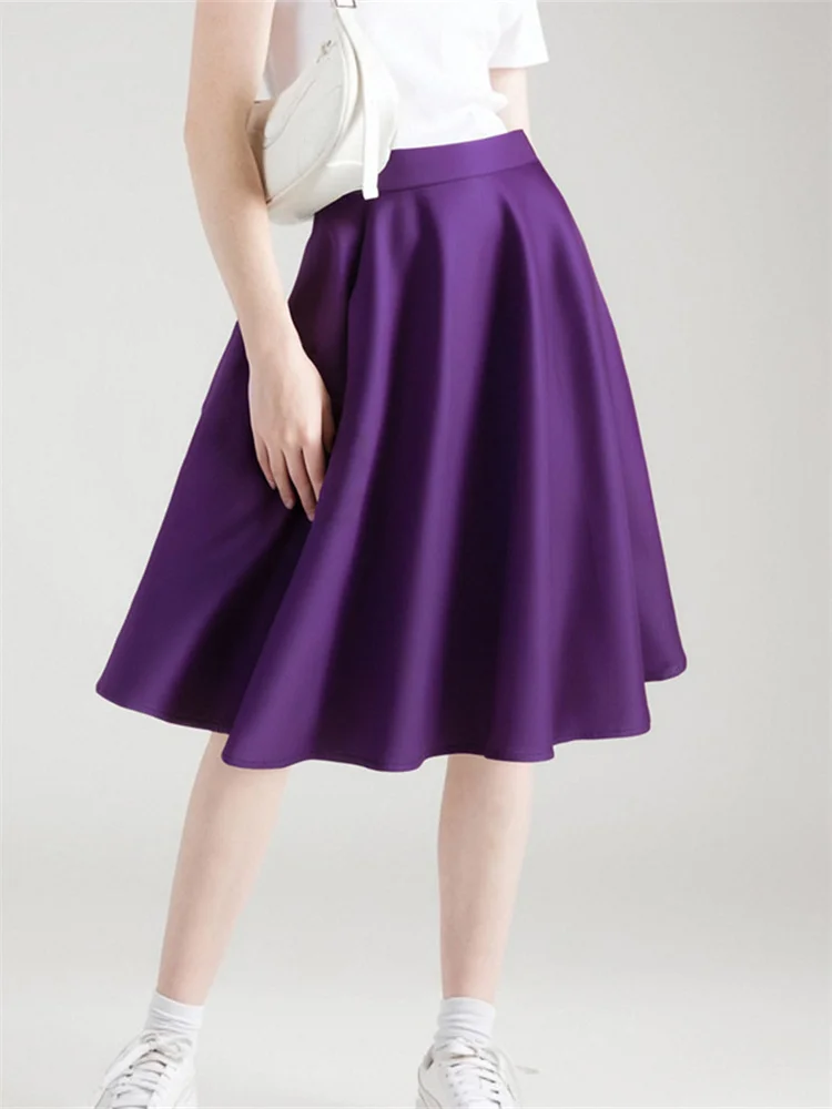 Purple Office OL Casual Women Summer Midi Long Skirt Solid Elegant Faldas Pinup High Waist A Line 50s Swing Skirts Streetwear