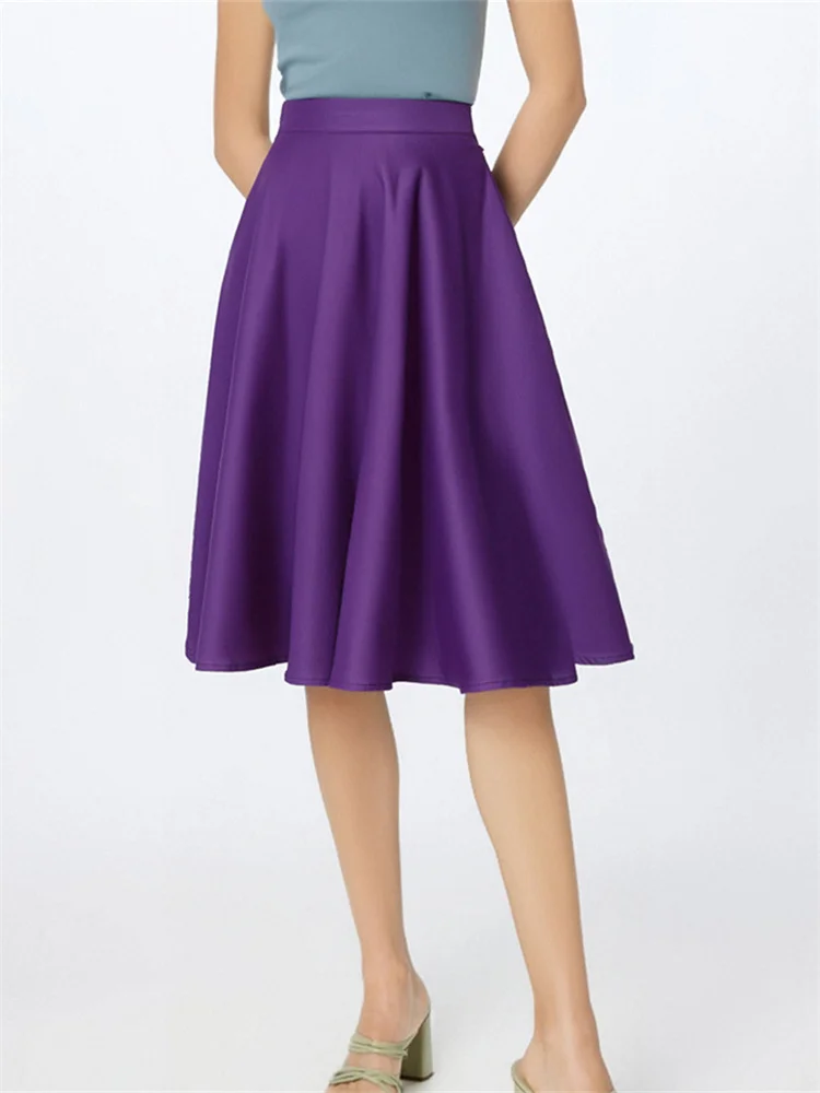 Purple Office OL Casual Women Summer Midi Long Skirt Solid Elegant Faldas Pinup High Waist A Line 50s Swing Skirts Streetwear
