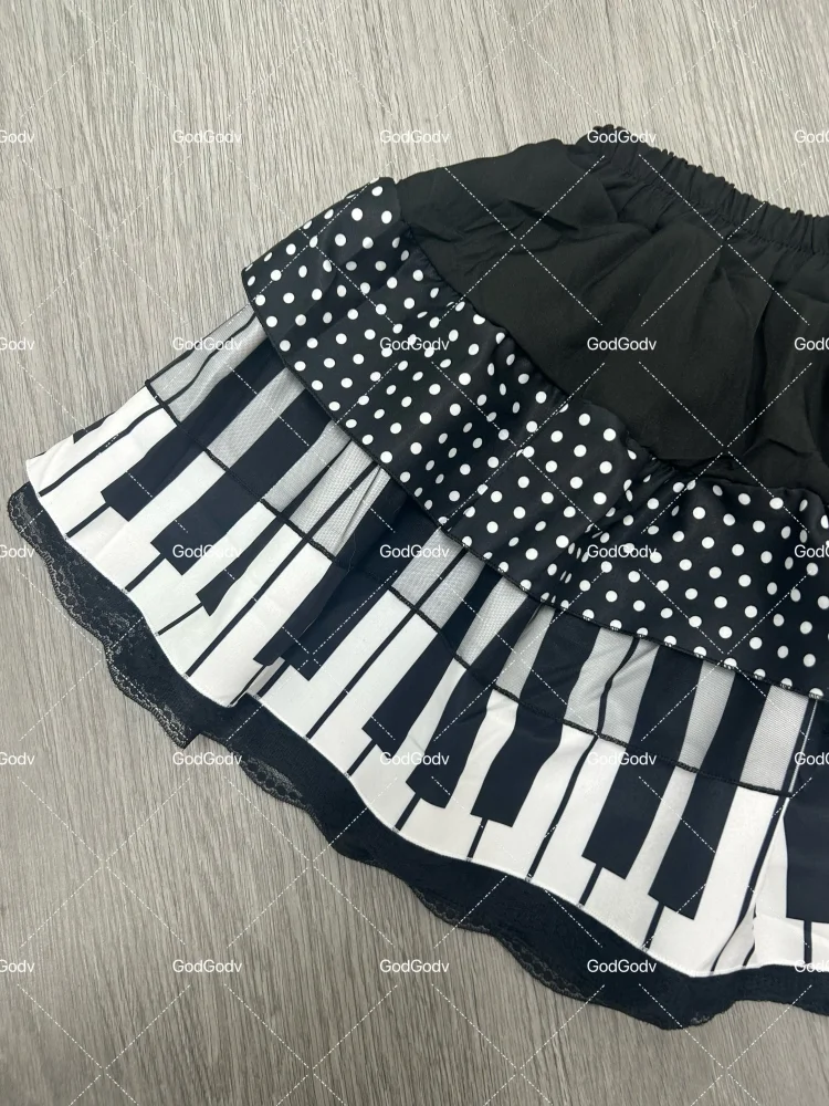 Spring Black White Spliced Women Short Skirt 2025 Y2k Slim Design Harajuku Mini Skirt Female Empire Korea Style Chic Piano Skirt