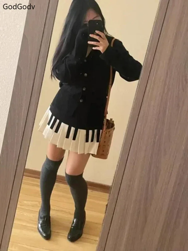 Spring Black White Spliced Women Short Skirt 2025 Y2k Slim Design Harajuku Mini Skirt Female Empire Korea Style Chic Piano Skirt