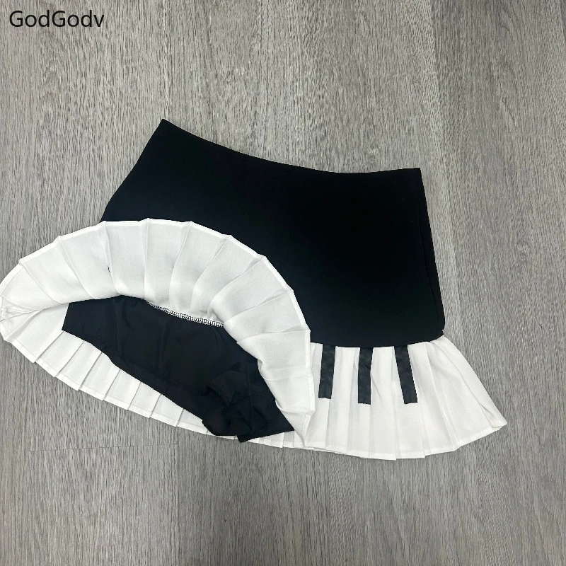Spring Black White Spliced Women Short Skirt 2025 Y2k Slim Design Harajuku Mini Skirt Female Empire Korea Style Chic Piano Skirt