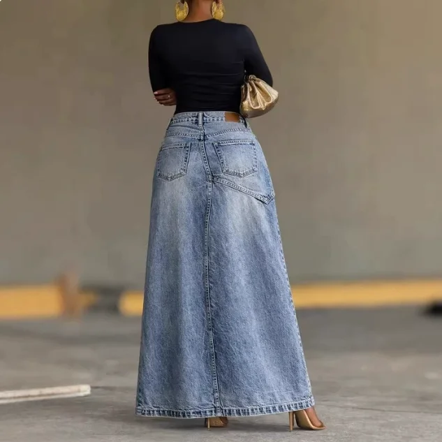 Skirt for Women 2026 Spring Autumn New Solid Color High Waisted Irregular Slit Streetwear Casual Denim A-Line Long Skirt