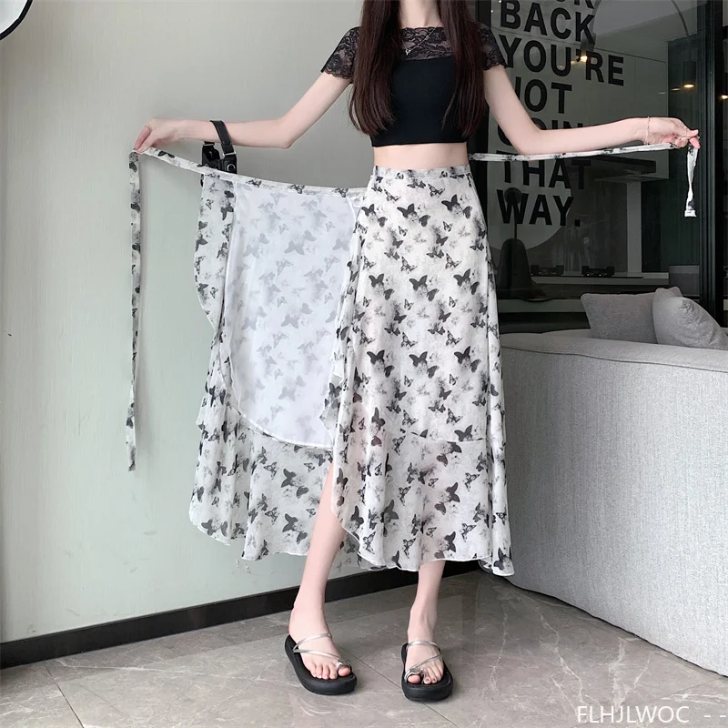Wrap Up Chic Korea Clothes Women Cute Girls Floral Robe Holiday Beach Date High Waist Retro Vintage One-Piece Lace-Up Skirts