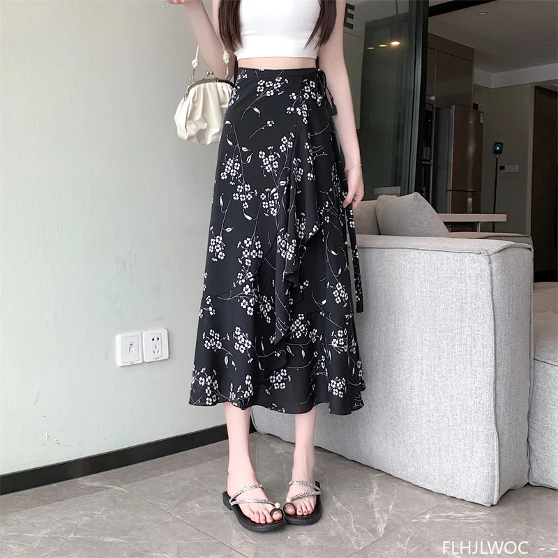 Wrap Up Chic Korea Clothes Women Cute Girls Floral Robe Holiday Beach Date High Waist Retro Vintage One-Piece Lace-Up Skirts
