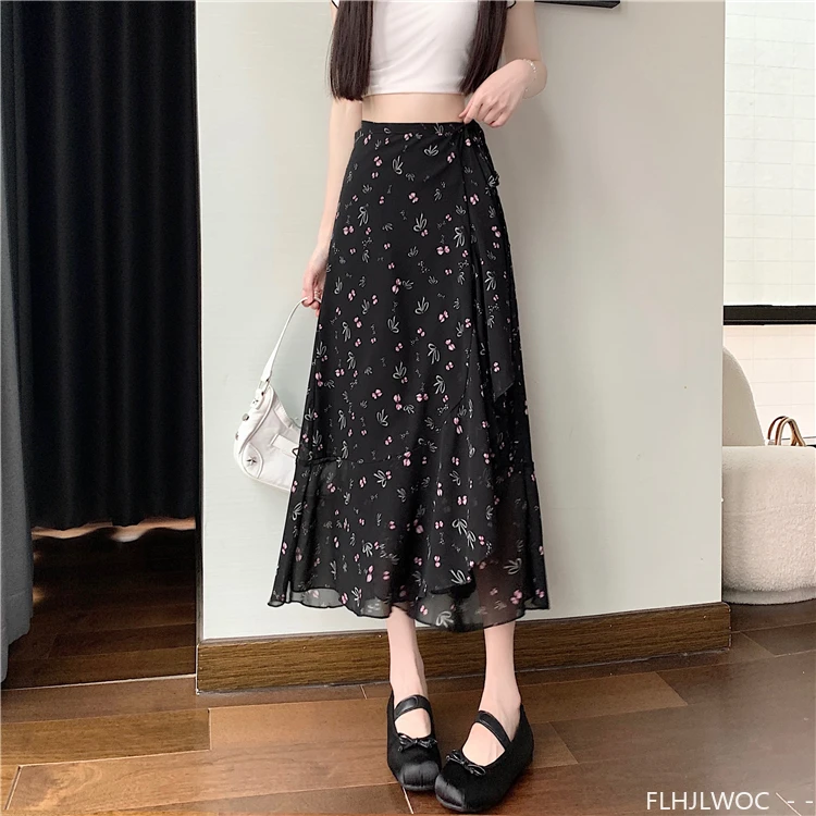 Wrap Up Chic Korea Clothes Women Cute Girls Floral Robe Holiday Beach Date High Waist Retro Vintage One-Piece Lace-Up Skirts