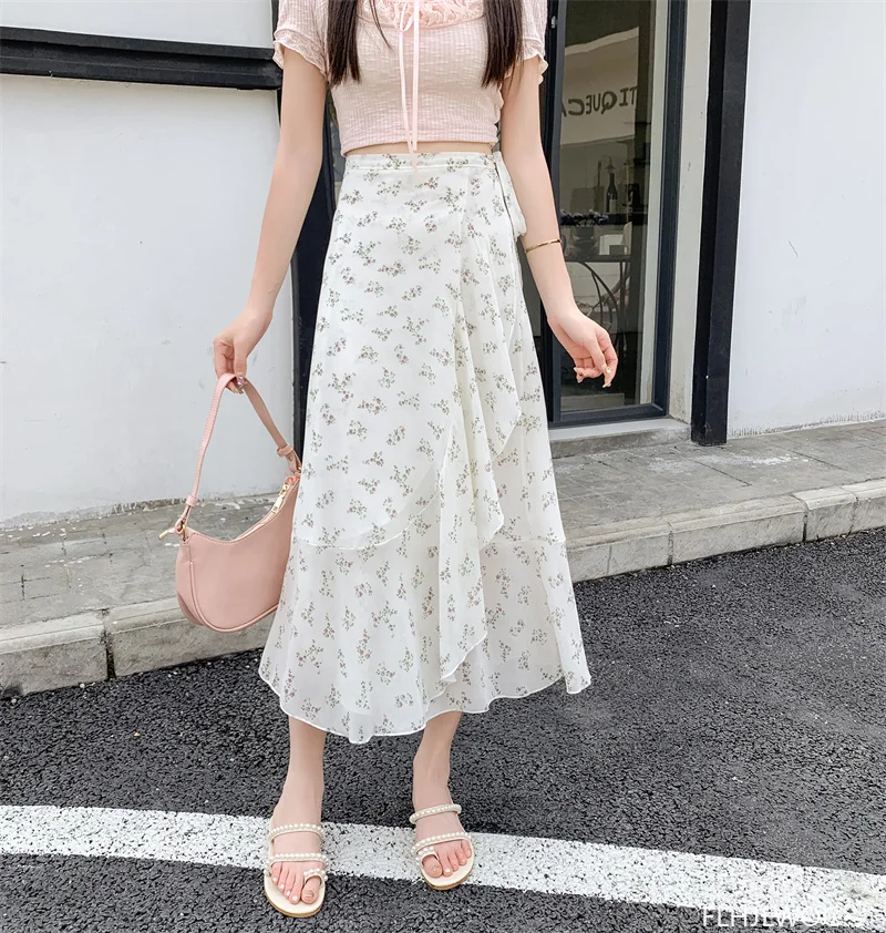 Wrap Up Chic Korea Clothes Women Cute Girls Floral Robe Holiday Beach Date High Waist Retro Vintage One-Piece Lace-Up Skirts