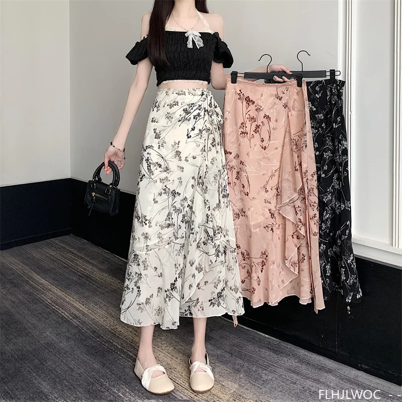 Wrap Up Chic Korea Clothes Women Cute Girls Floral Robe Holiday Beach Date High Waist Retro Vintage One-Piece Lace-Up Skirts