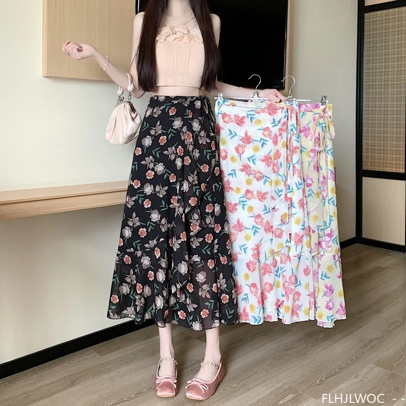 Wrap Up Chic Korea Clothes Women Cute Girls Floral Robe Holiday Beach Date High Waist Retro Vintage One-Piece Lace-Up Skirts