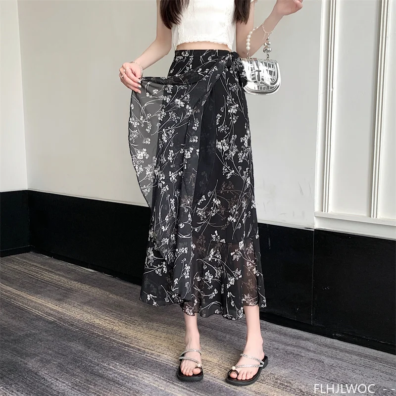 Wrap Up Chic Korea Clothes Women Cute Girls Floral Robe Holiday Beach Date High Waist Retro Vintage One-Piece Lace-Up Skirts