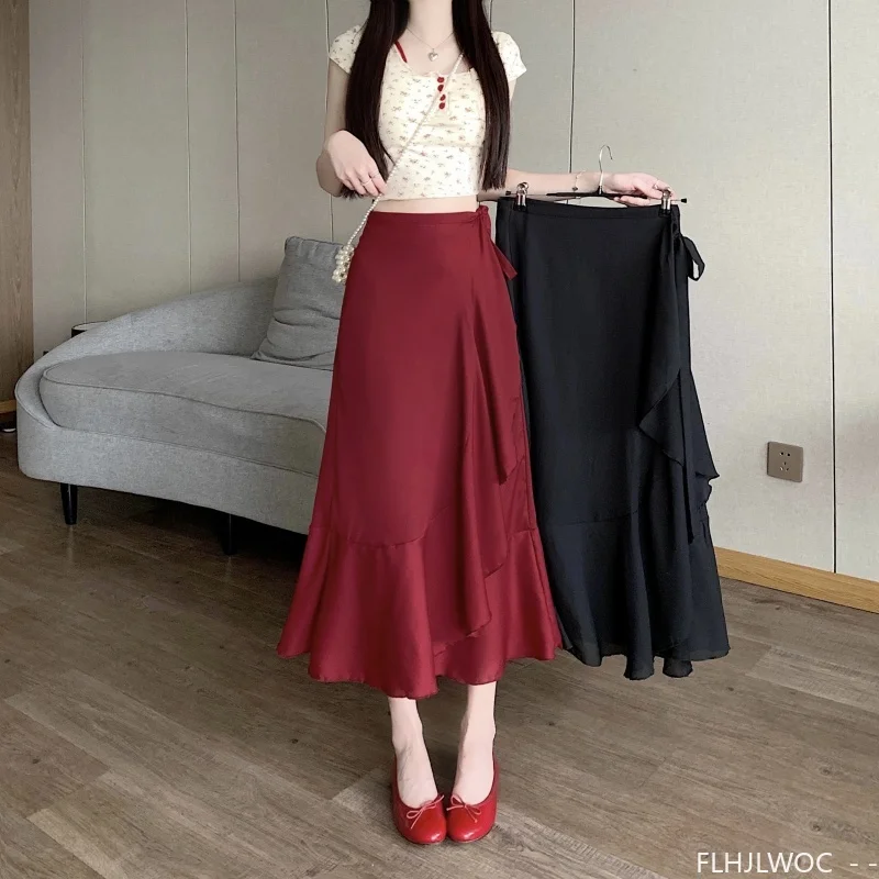 Wrap Up Chic Korea Clothes Women Cute Girls Floral Robe Holiday Beach Date High Waist Retro Vintage One-Piece Lace-Up Skirts