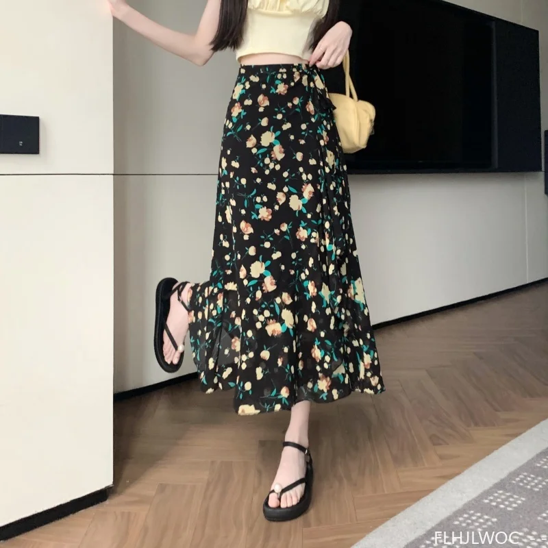 Wrap Up Chic Korea Clothes Women Cute Girls Floral Robe Holiday Beach Date High Waist Retro Vintage One-Piece Lace-Up Skirts