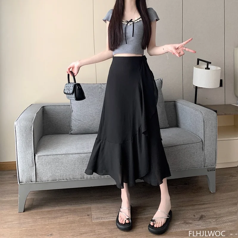 Wrap Up Chic Korea Clothes Women Cute Girls Floral Robe Holiday Beach Date High Waist Retro Vintage One-Piece Lace-Up Skirts