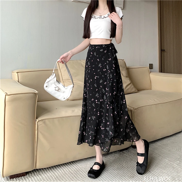 Wrap Up Chic Korea Clothes Women Cute Girls Floral Robe Holiday Beach Date High Waist Retro Vintage One-Piece Lace-Up Skirts